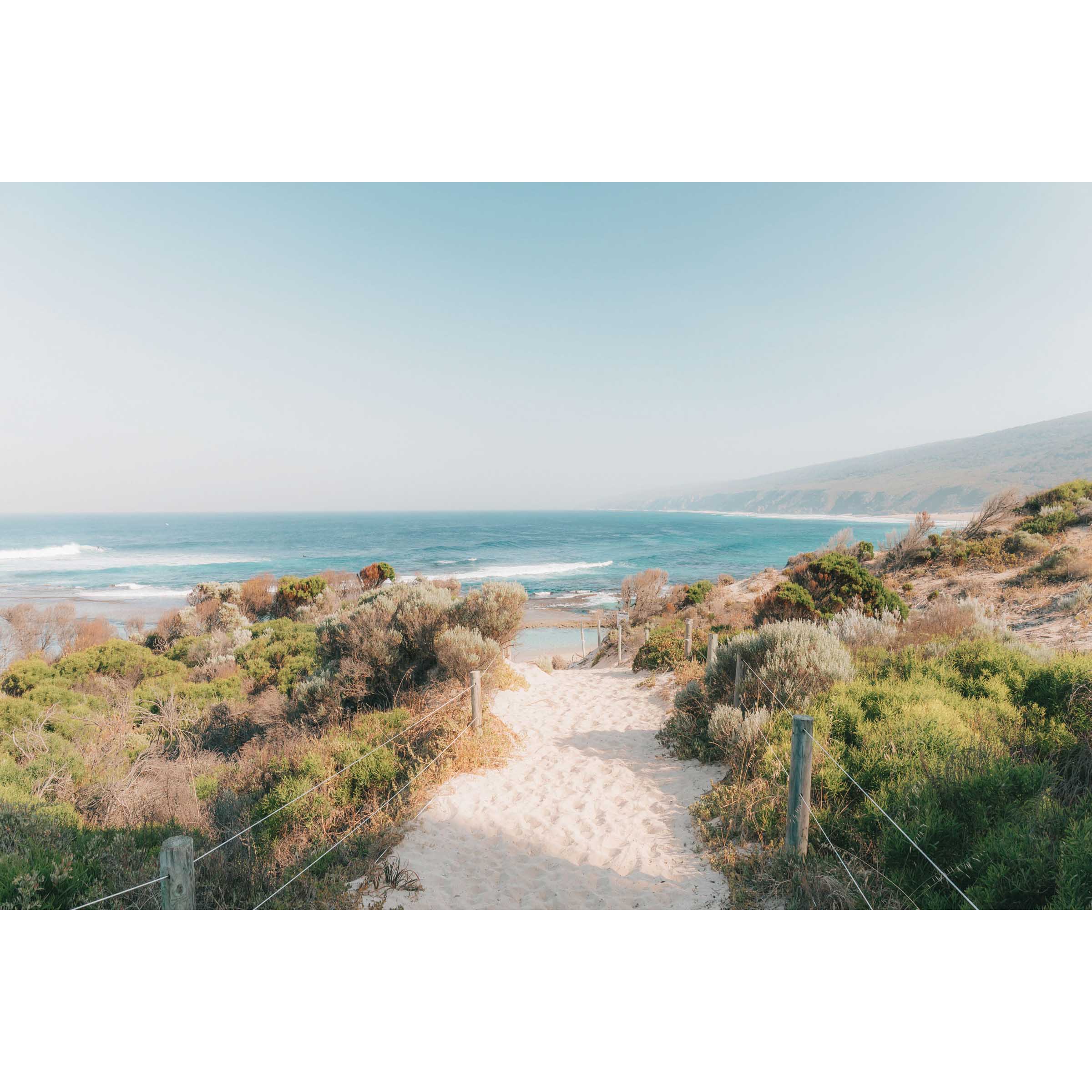 Framed photo of the sandy beach path leading down towards Yallingup Beach in Western Australia. The bush frames the path with the blue ocean and cliffs at the end. Available framed in black, white or oak.