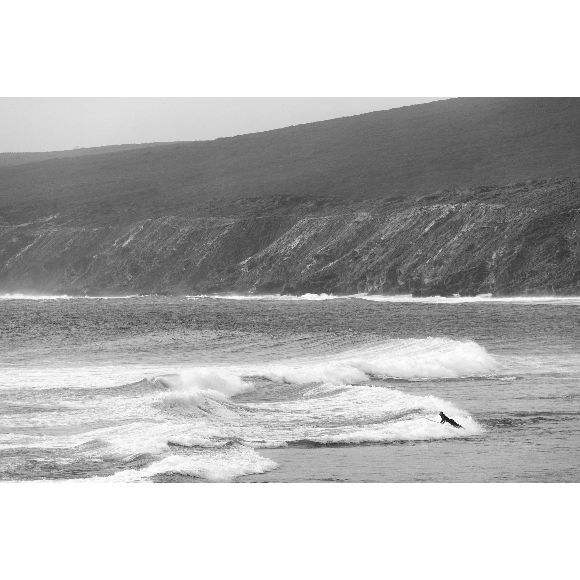 Horizontal black and white photo of a person mid air as he moves onto his surfboard in the ocean to paddle out at Yallingup Beach in Western Australia. The iconic cliffs of Rabbit Hill are in the background. It has a nostalgic feel. Fine art photography prints, available framed in black, white or oak.