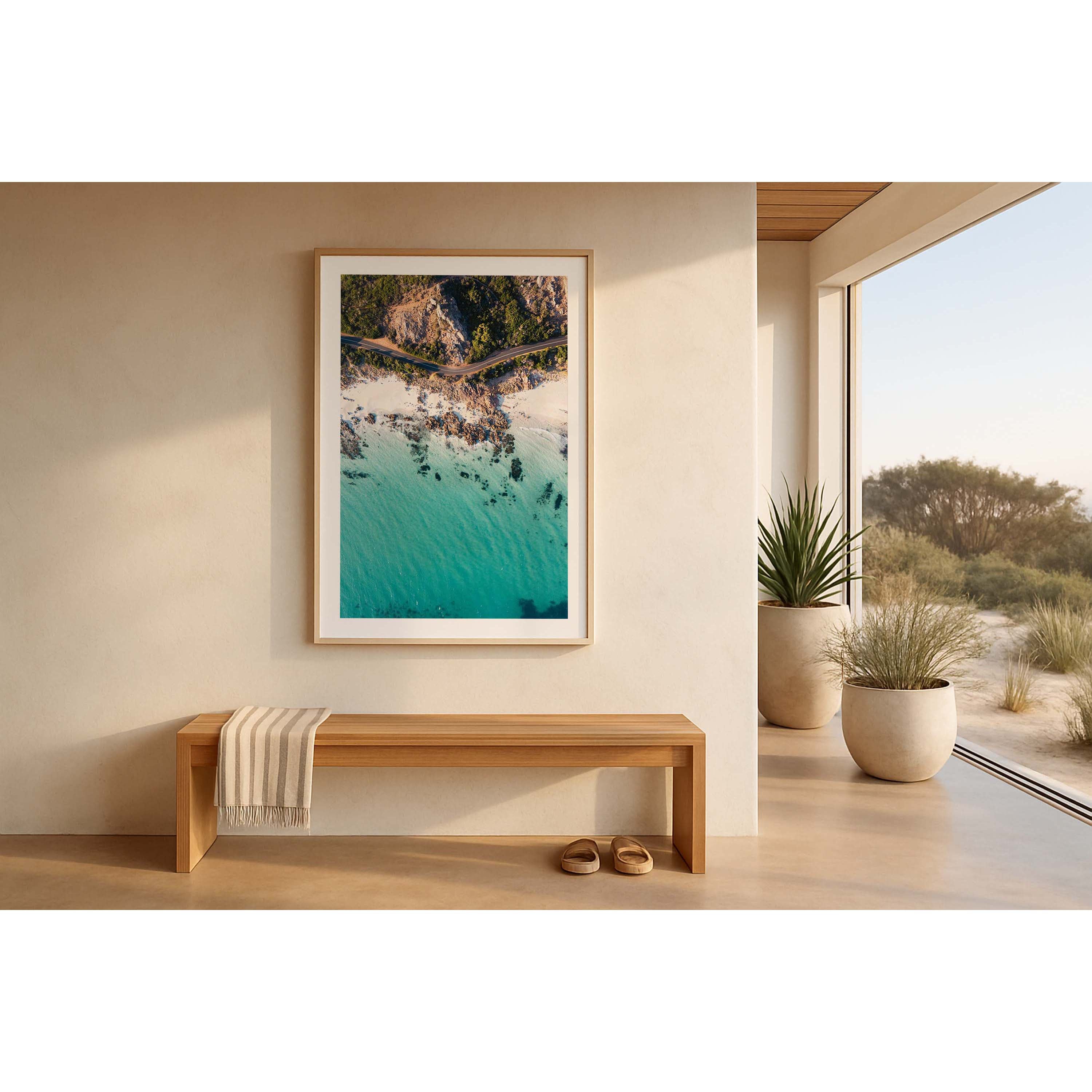 Vertical drone photo taken of the road between Meelup beach and Bunker Bay in Western Australia near Yallingup. The road curves softly between the white sandy beach of Eagle Bay and the bush. Perfect for the modern beach home, coastal interior or relaxed space. Original fine art photography, available as prints and framed wall art.