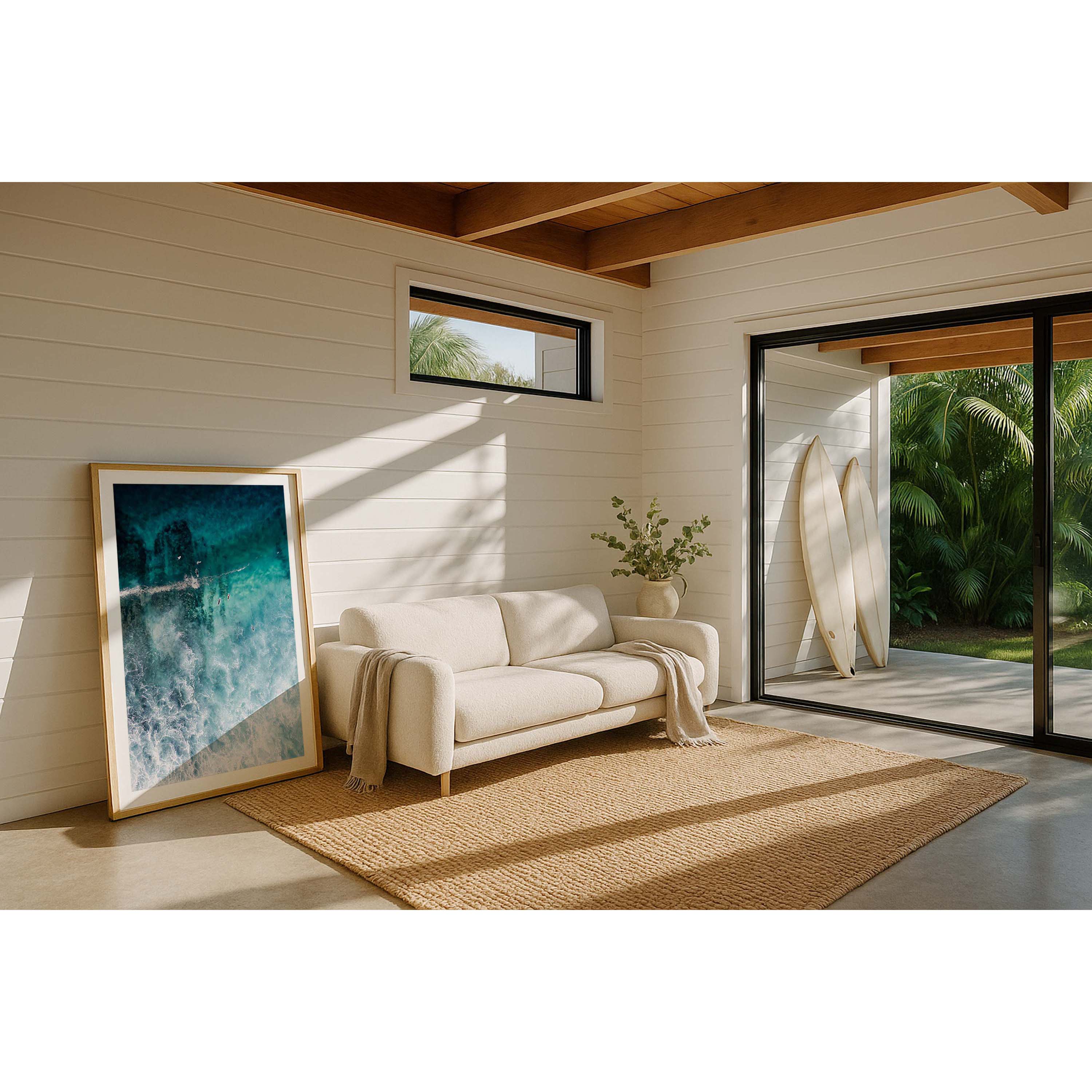 Vertical aerial photo of surfers in the ocean at Yallingup beach, Western Australia. The whitewash is coming in through the bottom of the photo and surfers are heading towards the top in the turquoise water. Perfect for a coastal home or beach house. Original fine art photography, available as prints and framed wall art.