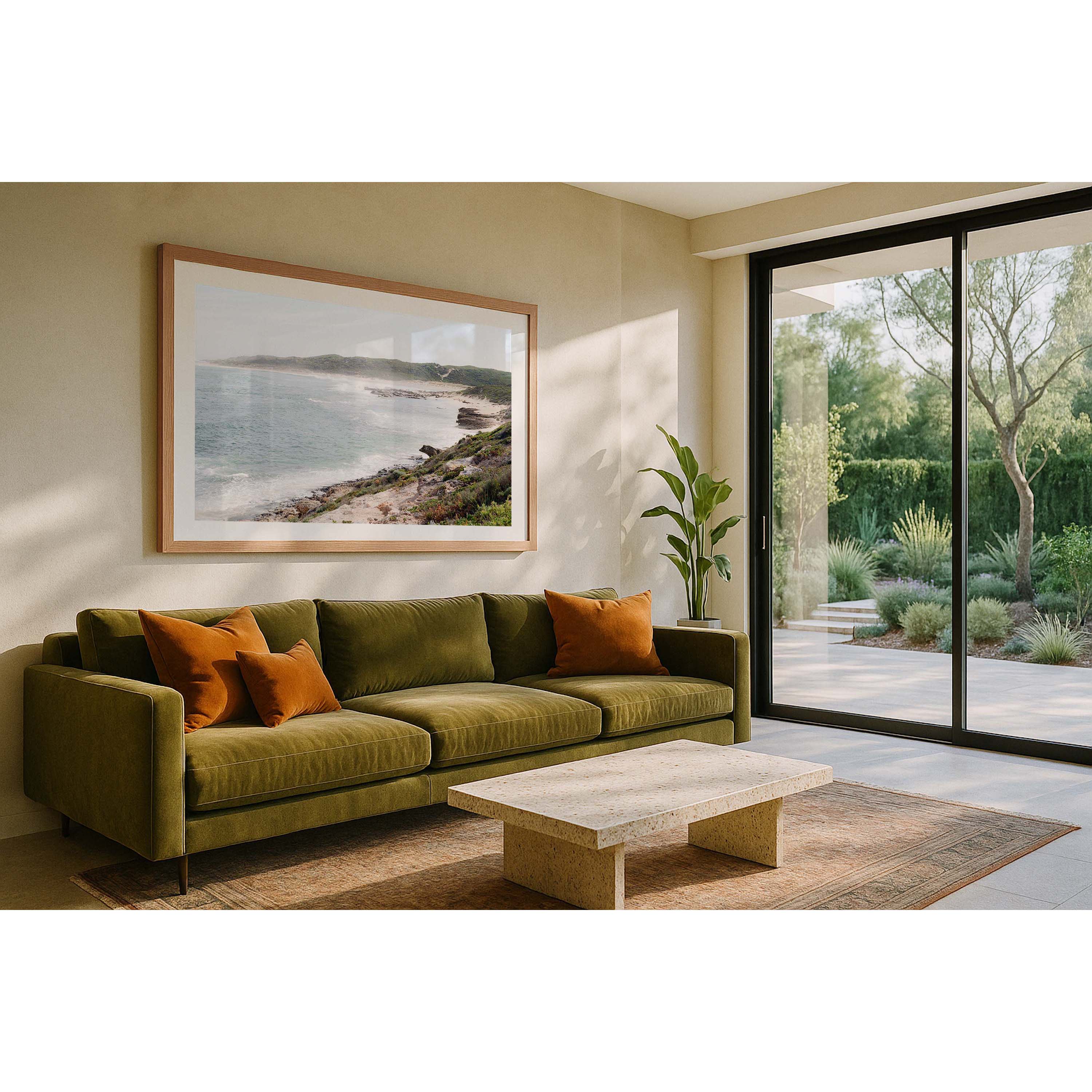 Photo of a coastal landscape at Surfer's Point in Margaret River, Western Australia. Soft ocean waves roll in with the bush and rocks curving around. The spray from the ocean makes it a bit dreamy, as well as soft colours as it's shot on film. Available framed in black, white or oak.