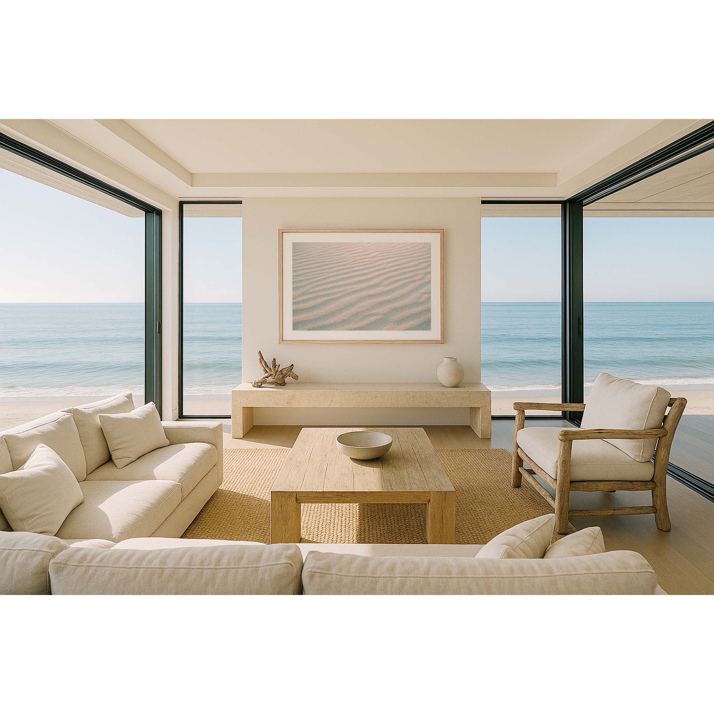 Horizontal close up photo of ripples of beach sand, with a golden glow from sunset. Perfect for the coastal home or beach house. Available as fine art photography prints and framed wall art.