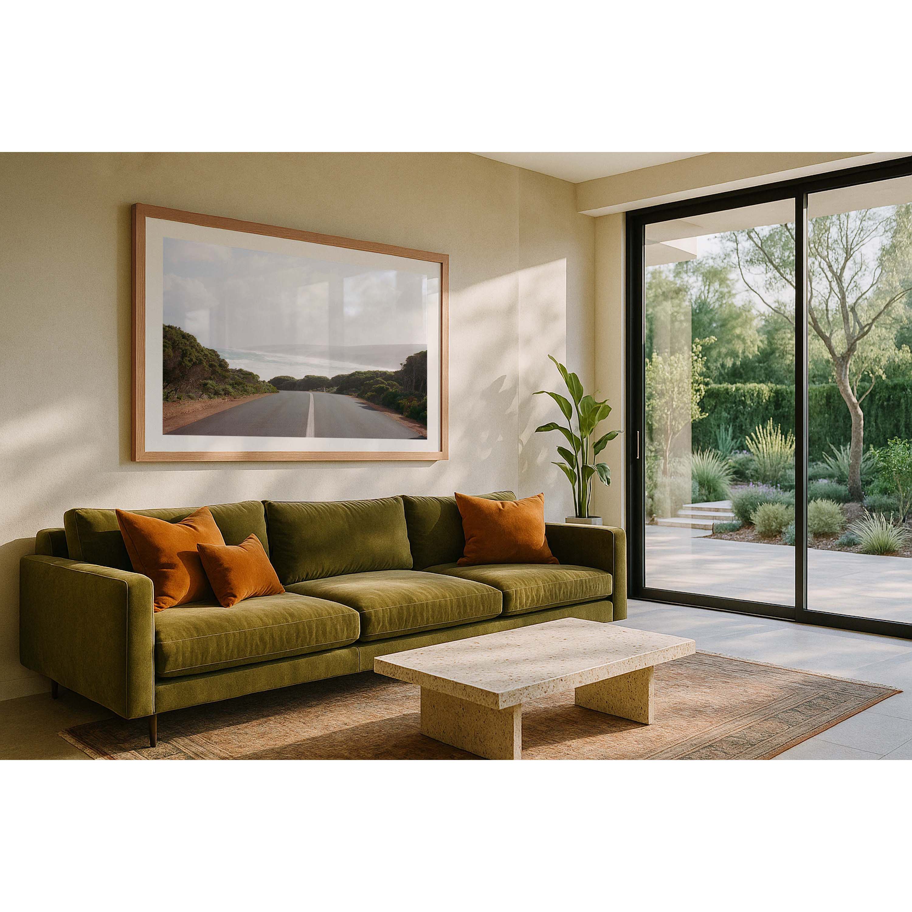 Horizontal photo of the road leading down to Smiths Beach in Yallingup, Western Australia. Shot on film it has muted colours with the bush either side of the road and the water and hills in the distance. Original Australian photography, available as fine art prints and framed wall art. Perfect for the coastal home or beach house.