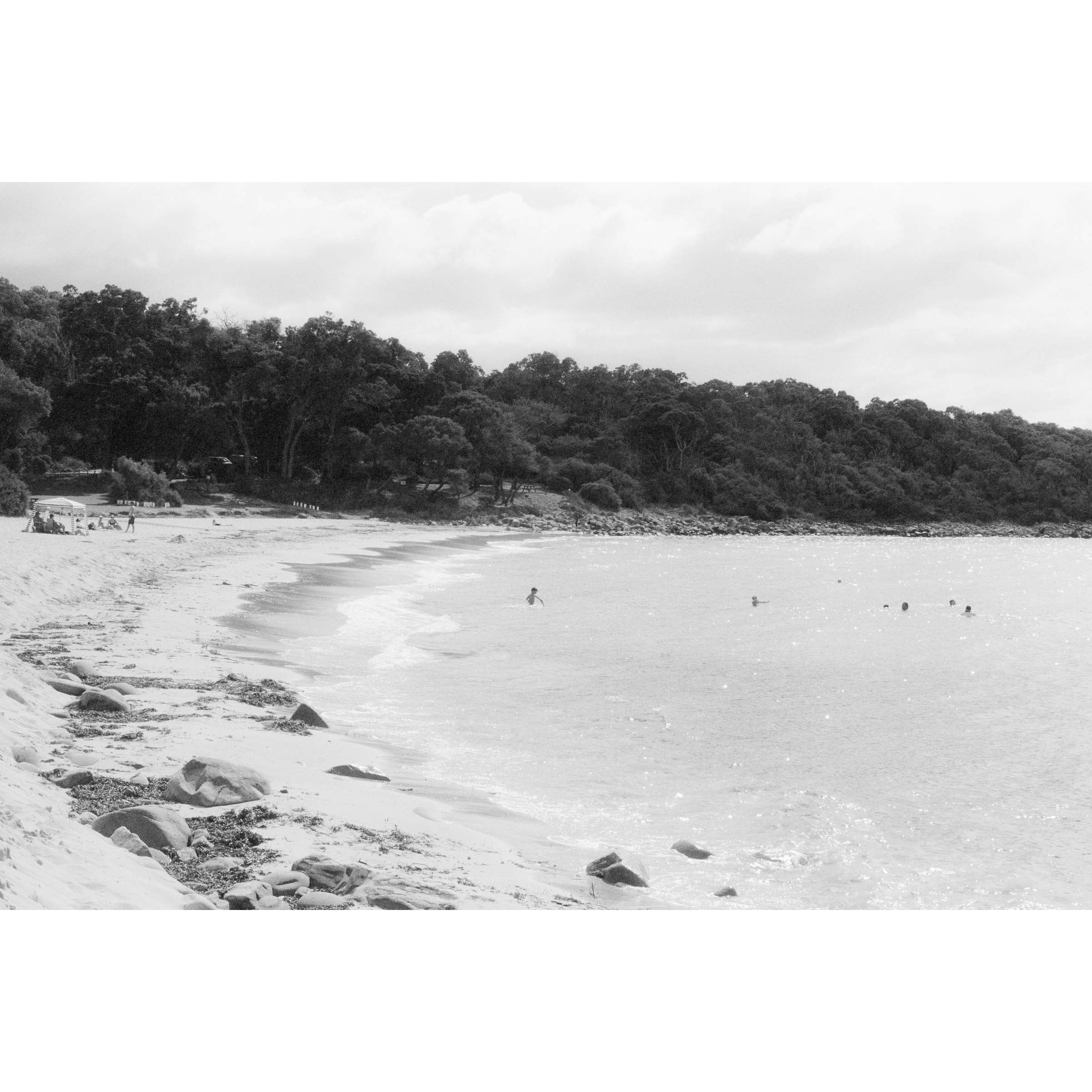 Black and white photo of Meelup beach in Western Australia's south west with people in the ocean and the bush wrapping around the coastline. Shot on film with a nostalgic, vintage feel. Available framed in black, white or oak.