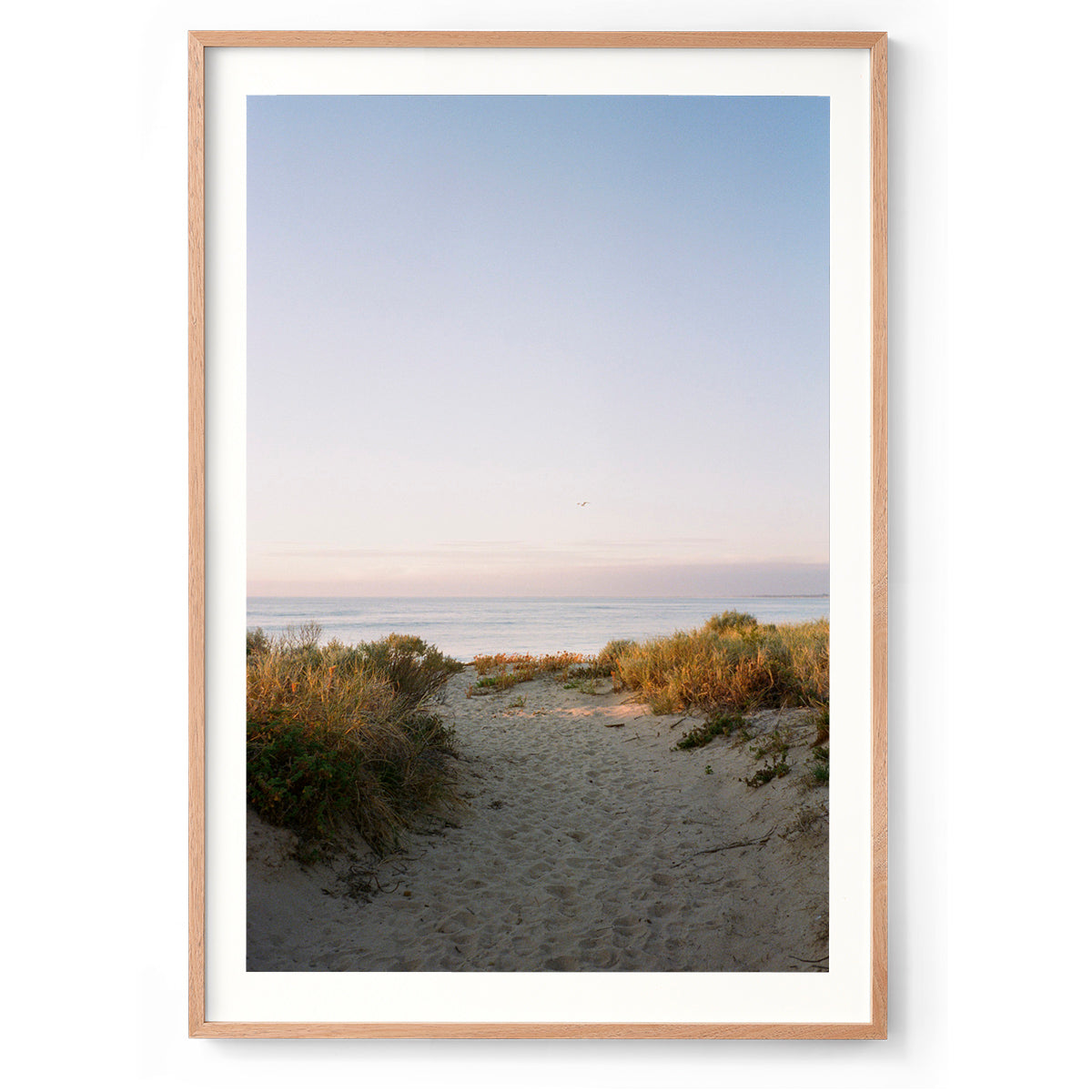 Vertical photo of a beach sand path leading towards the ocean. Shot at sunset on film with a beautiful soft blue and purple sky. Original fine art photography, available as prints and framed wall art. Perfect for the minimalist coastal home or beach house.