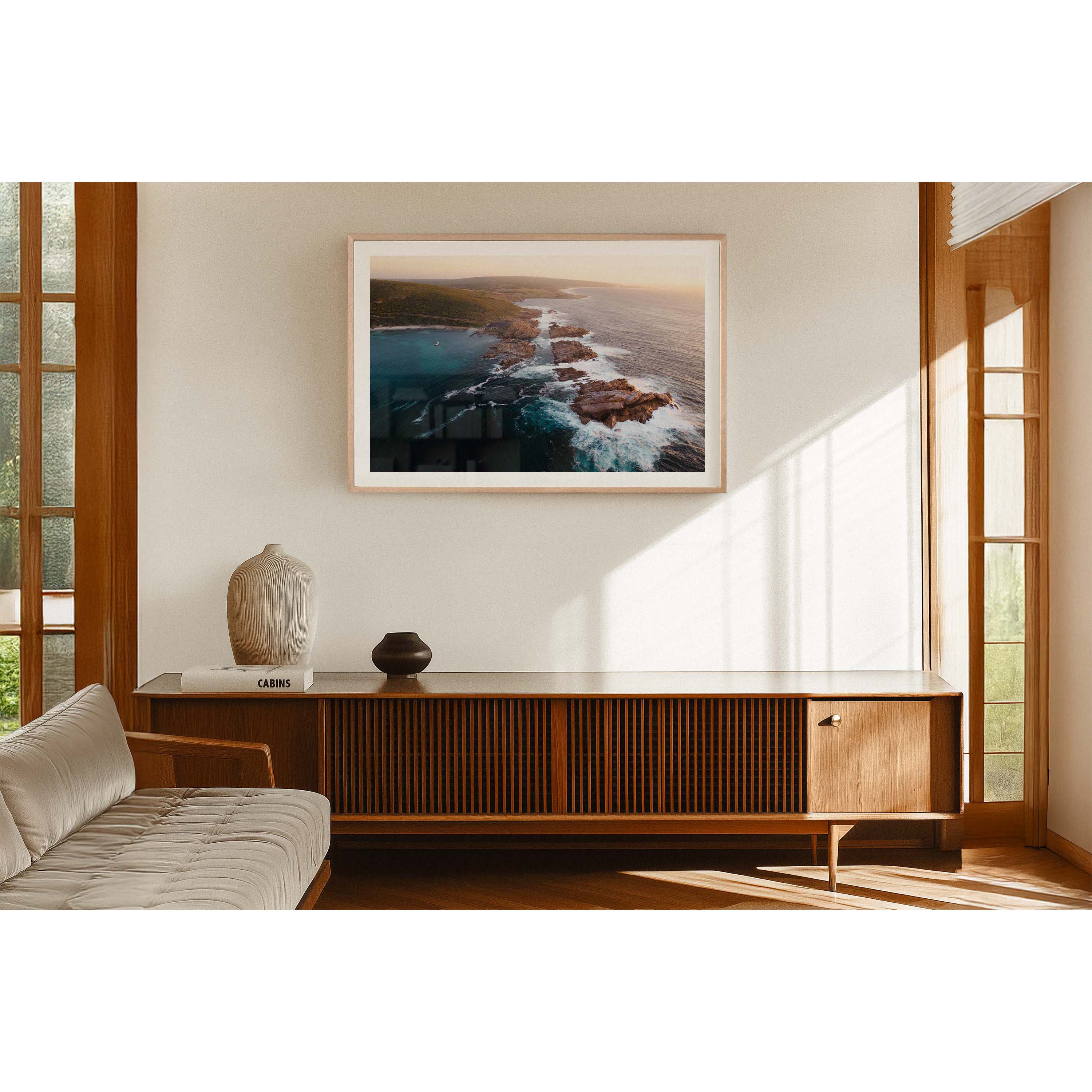Horizontal photo of Canal Rocks in the south of Western Australia near Yallingup. It's shot with a drone looking across the rocks and ocean as the sun sets. Original fine art photography, available as prints and framed wall art. Perfect for your living room, dining room, bedroom or home office. Shipped free worldwide.