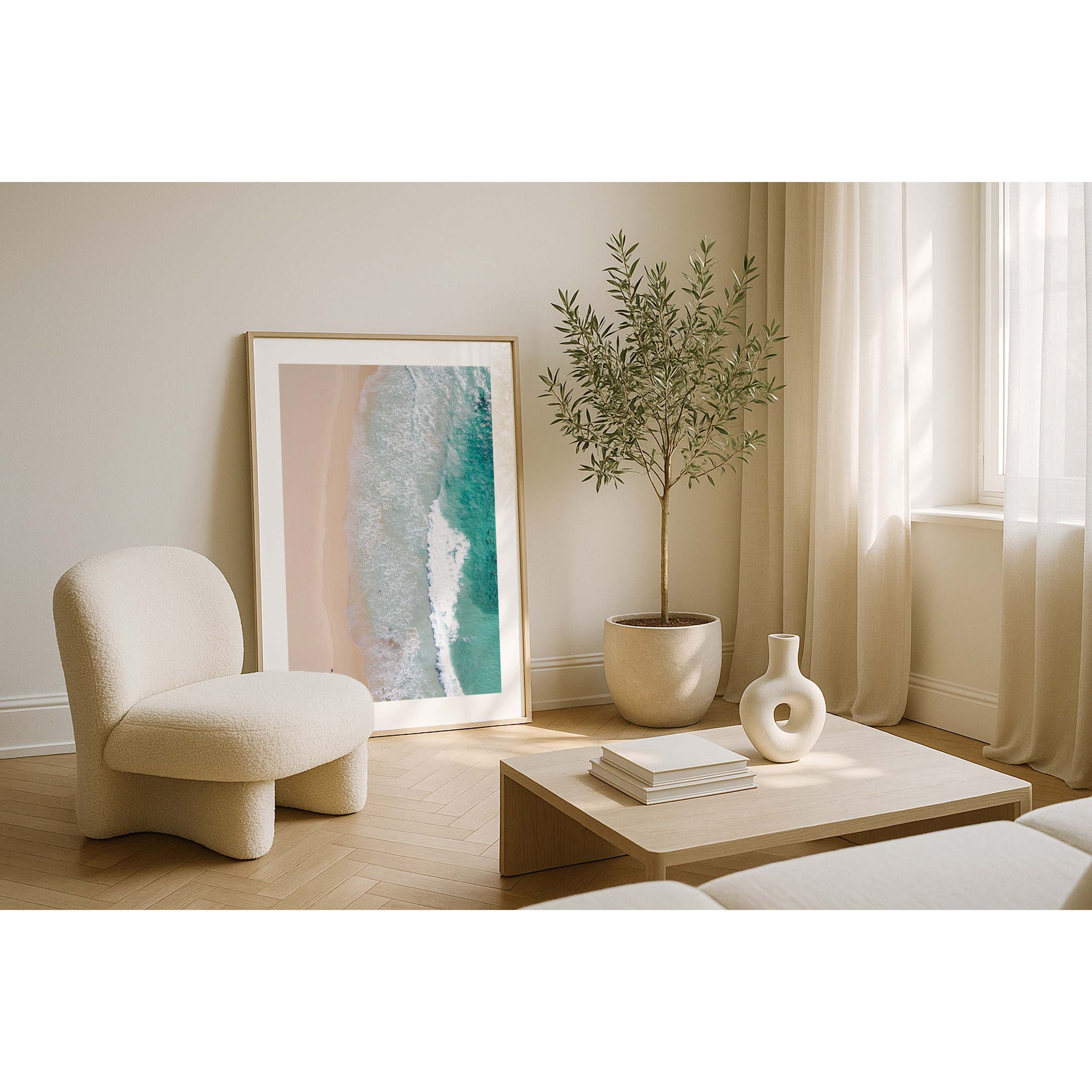 Vertical drone photo of Smiths Beach in Western Australia. It is very minimalist with the white sand down the left side and the turquoise water crashing in on the right. There is a tiny surfer walking along the beach. Original fine art photography, available as prints and framed wall art. Perfect for your coastal living room, dining room, bedroom or home office. Shipped free worldwide.