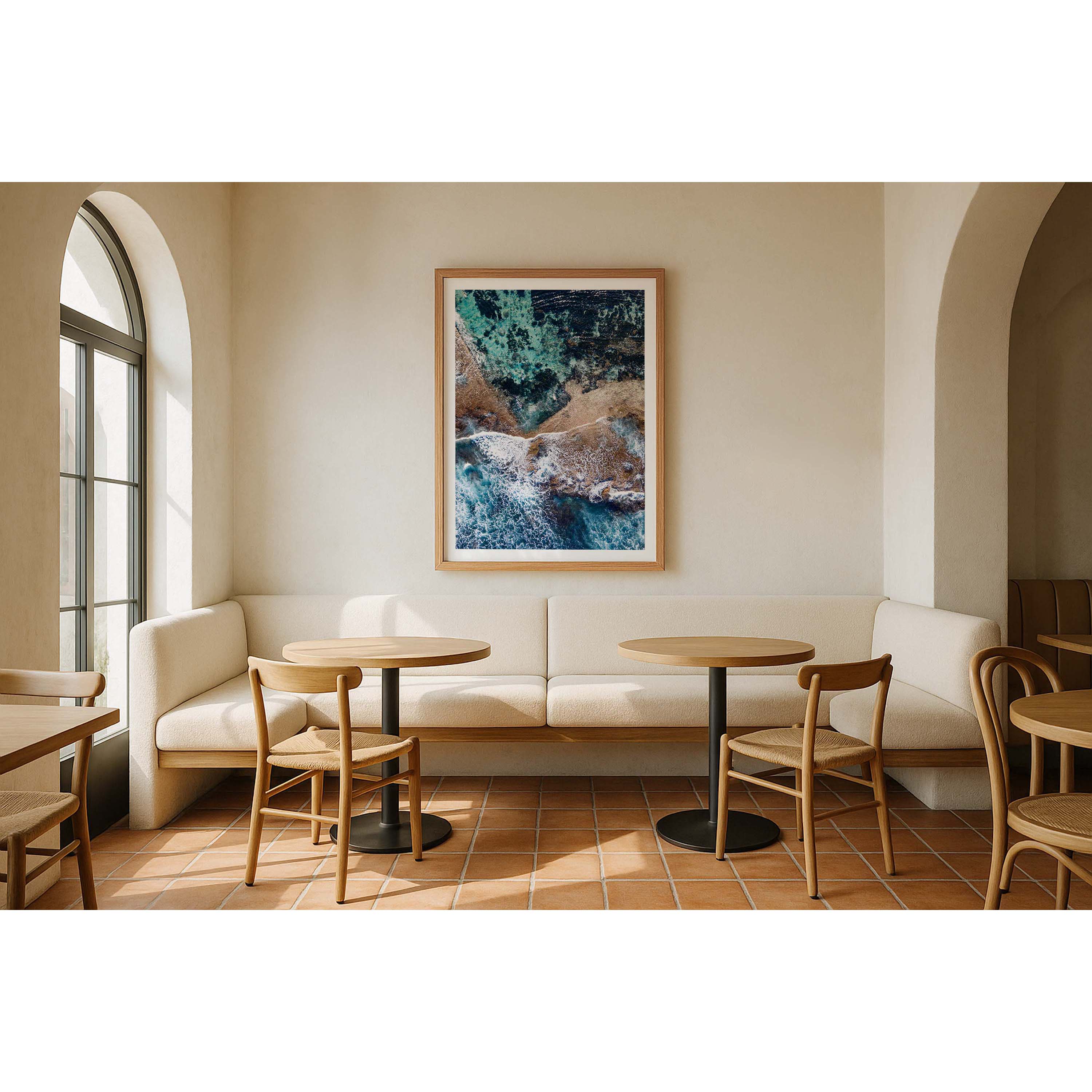 Vertical drone photo taken at Yallingup beach in Western Australia. Shot straight down to show an abstract image of rocks, dark blue water, white swell and turquoise ocean. Coastal wall art perfect for your beach house living room, dining room, bedroom or home office. 