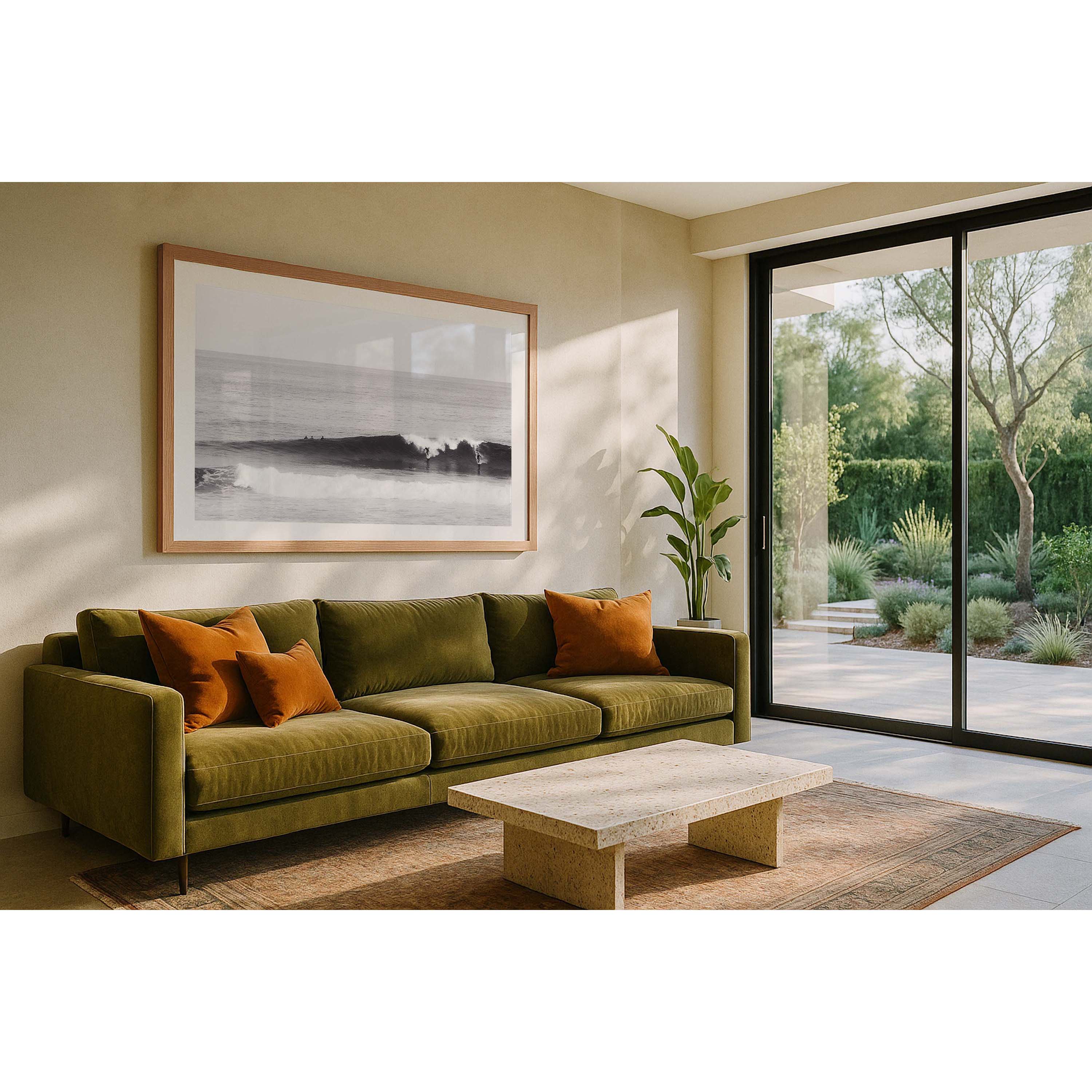 Black and white photo of two surfers riding a wave in the ocean at Surfer's Point, Margaret River, Western Australia. Fine art photography print, available framed in black, white or oak.